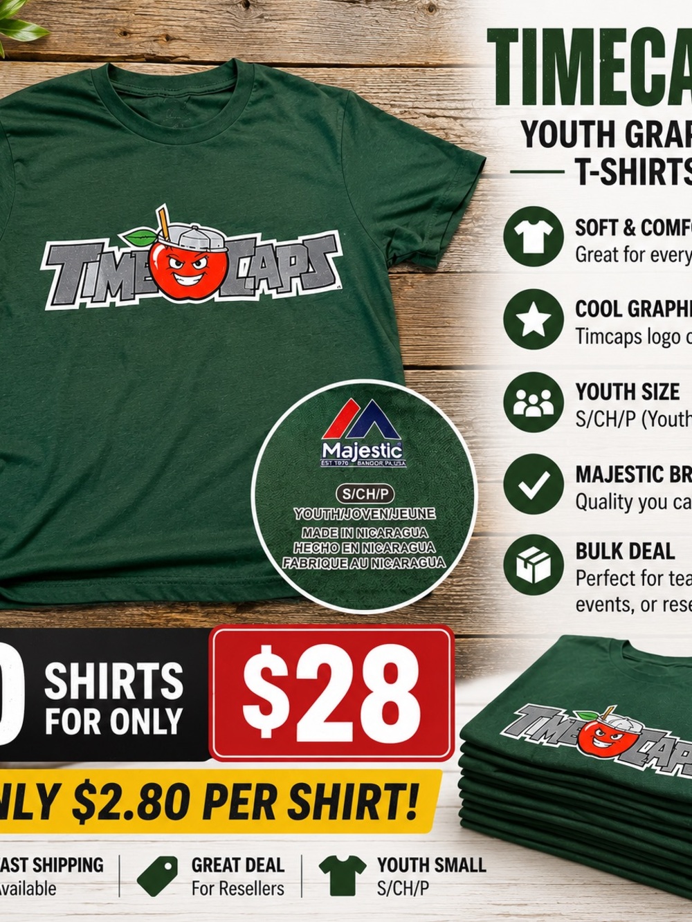 Majestic Timecaps Youth Short Sleeve Tee — Dark Green
